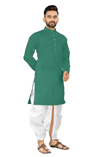 Image of UNIQUE MOMENTS Men's Cotton Dhoti Kurta Set with Full Sleeves Solid Pattern Modern Style and Mandarin Collar Neck | Perfect for Puja & Celebrations