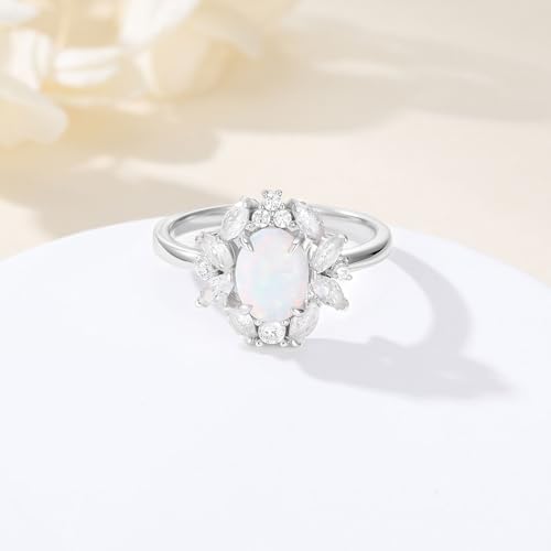 S925 Sterling Silver 1.5 Carat Oval Opal Ring Dainty October Birthstone with Cubic Zirconia Ring Anniversary Birthday Mother's Day Gift for Women Wife3