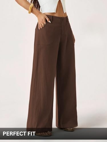 Image of GRECIILOOKS Beige Wide Leg Linen Trousers for Women | High Waist Cotton Baggy Korean Style Casual Pants | Comfortable Formal & Casual Women Trousers