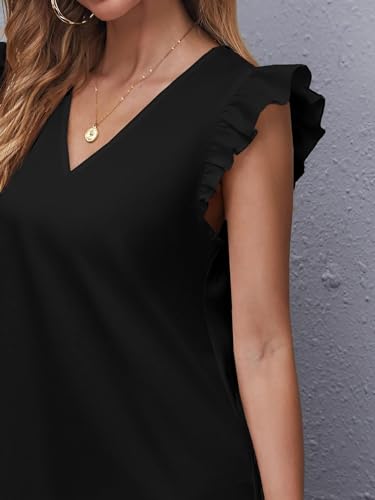 Image of Floerns Women's Solid V Neck Ruffle Trim Cap Sleeve Summer Tunic Dress