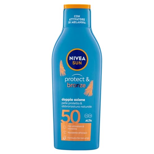 NIVEA SUN Sonnenmilch Protect & Bronze FP 50 200 ml Sonnencreme 50 für eine intensive und gleichmäßige Goldbräune, Sonnenschutz 50 mit Melaninaktivator