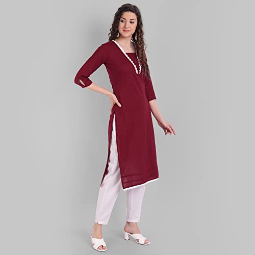 Image of Cotton Casual Maroon Solid Kurta for Girls and Women in 45 Inch Length