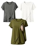 Rnxrbb Summer Maternity Nursing Shirts for Breastfeeding Tops Short Sleeve Postpartum Sets Clothes 3 Pack for Women,Army Green&White&Flecking Grey M