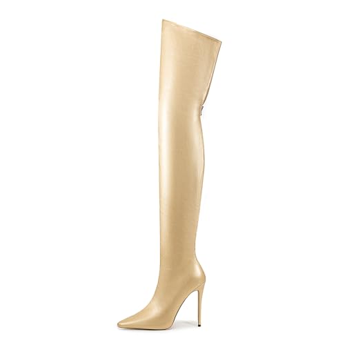 Image of Thigh high boots for women striped Back zipper Burgundy Zebra Print Over the knee Sexy gold white pointed toe Cow Print leopard Magenta stiletto heel