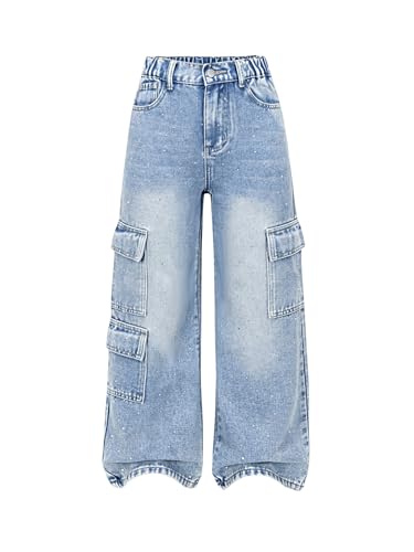 WDIRARA Girl's Rhinestone Elastic Waist Cargo Jeans Casual Baggy Wide Leg Denim Pants