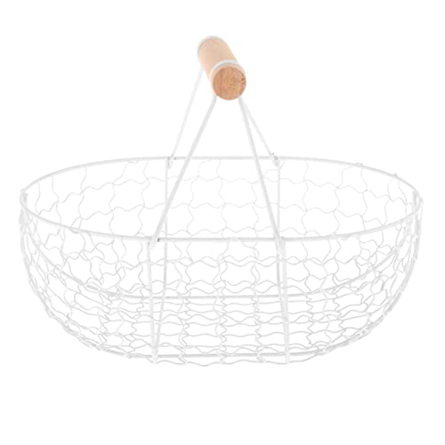 FLCPJGV Wire Egg Basket with Wood Handle, Country Vintage Gathering Storage Baskets Metal Wire Mini Egg Basket, Fruit Baskets, Kitchen Container for Storage Fresh Eggs (White L)