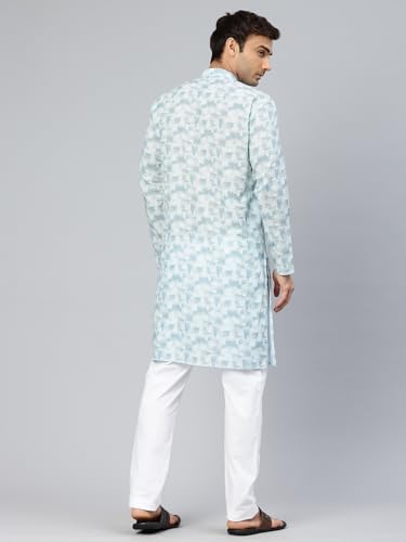 Image of Majestic Man Men's Cotton Regular Fit Casual Mandarin Collar Ethnic Motifs Printed Long Regular Kurta