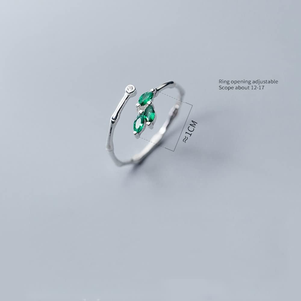 CZ Spring Leaf 925 Sterling Silver Adjustable Ring for Women Green Crystal Leaves Statement Stacking Open Band Finger Rings Comfort Fit Dainty Birthday Holiday Jewelry - Image 5