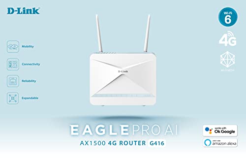 Image of D-Link G416 /E Eagle PRO AI AX1500 4G+ Smart Router (4G+ LTE Cat 6 Download up to 300Mbps, Wi-Fi 6, AI Wi-Fi /Traffic Optimiser, Gigabit Ports, WPA3, Wi-Fi Mesh Support, without Simlock), White