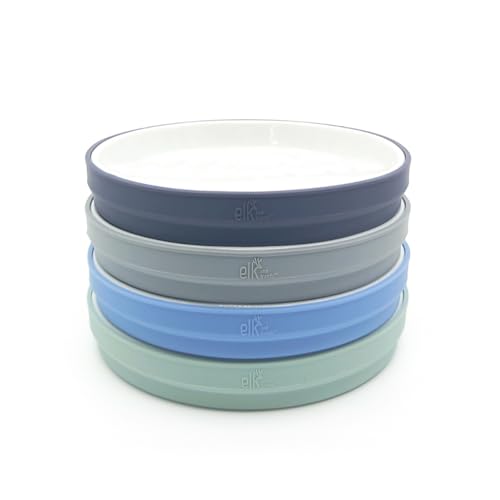 Elk and Friends Kids 7.8” Porcelain White Plates with Silicone Sleeves | Suitable for Babies/Toddlers | Microwave & Dishwasher Safe | Non Slip Dinnerware | Snack Dishes | 4 Pack