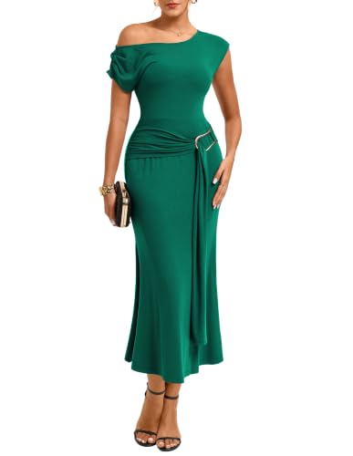 GRACE KARIN Women's 2026 Summer Wedding Guest Dress One Shoulder Bodycon Ruched Dresses Elegant Formal Cocktail Maxi Clothes Green L