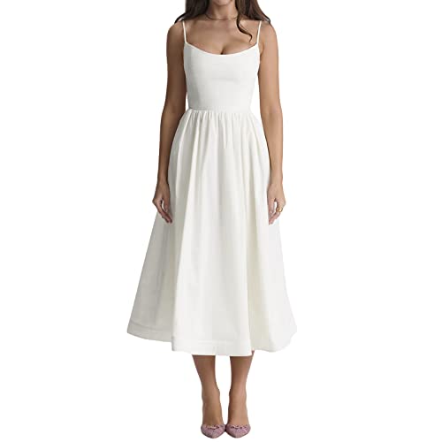 FeMereina Damen-Korsettkleid, elegant, Spaghettiträger, Bustier, Midi-Kleid, tiefer Schnitt, fließender Plisseesaum, formelle Kleider, weiß, Small