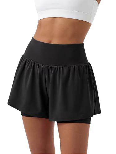 Stelle Women 2 in 1 Running Shorts Flowy Athletic Short High Waisted Workout Tennis Gym Short with Liner Pockets (Black, M)