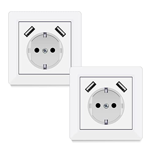 2*Steckdosen mit USB, (max. 5 V 3,4 A) Schuko-Steckdose USB Embedded System 55 reinweiß glänzend Wandsteckdose Steckdose nur 32 mm tief Cover
