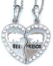 NEW BEST FRIEND Polar Bear Heart Silver Tone 2 Pendants Necklace BFF Friendship