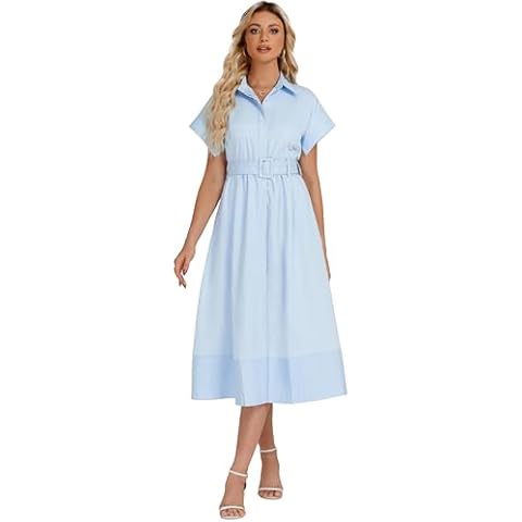 Ladyful Women Casual Button Down Shirt Dress Short Wing Sleeve Buiness Midi Shirt Dress with Belt Elegant Dress Light Blue Cover