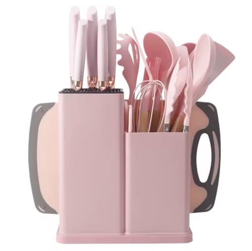 19 PCS Silicone Kitchen Utensils Set | Non-Stick, Heat-Resistant Cooking Utensil Set | Silicone Spatula, Spoon, Tongs, Ladle Set with Utensil Holder | Kitchen Accessories with Wooden Handles (Pink)