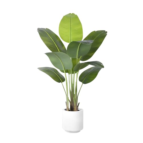 ZEEOZE Artificial Bird of Paradise Plant 4Ft Tall Fake Tropical Palm Tree Large Fake Plants with 9 Silk Banana Leaves Faux Plant Indoor Decor Trees with White Pot for Home Bedroom Living Room Office