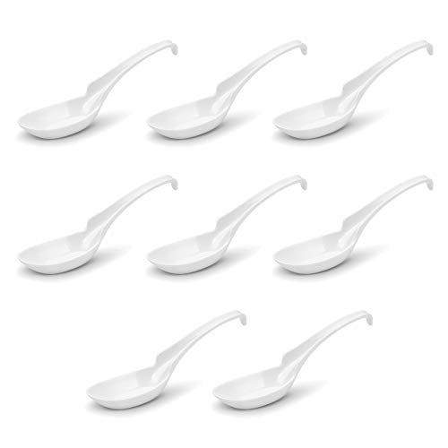 Comicfs 8-Piece Asian Soup Spoons, NH8SP-W, Large Japanese Soup Spoons, Soba Rice Pho Ramen Noodle Soup Spoons, Chinese Won Ton Soup Spoon - Notch and Hook Style (8 Spoons, White)