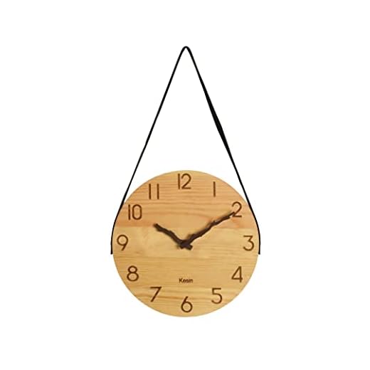 Kesin Wooden Wall Clocks 10 inch Silent Wall Clock Battery Operated Hand Made Round Farmhouse Clock with Rope Hanging Home Decor for Kitchen, Living Room, Bedroom, Office (Nature)