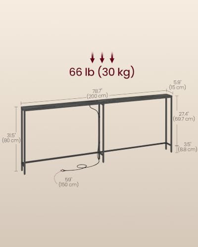 Image of VASAGLE 78.8 inch Console Table, Narrow Behind Couch Table with Outlet | Sofa Table with 2 Hooks, for Entryway, Living Room, Easy Assembly, Charcoal Gray and Ink Black, BARNET Collection ULNT077B201