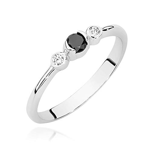 MARKO Bague en or blanc avec diamant noir 0,12 ct et diamants 0,06 ct or 14 carats (585) | Bague en or avec une boîte Bague en or pour les femmes, Métal,...