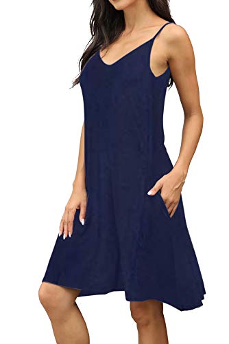 Image of Women's Summer Spaghetti Strap Casual Swing Tank Beach Cover Up Dress with Pockets