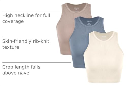 Image of ODODOS 3-Pack Seamless Crop Tank for Women Ribbed Soft High Neck Cropped Tops, Ivory+Dusty Blue+Sphinx, X-Large /XX-Large