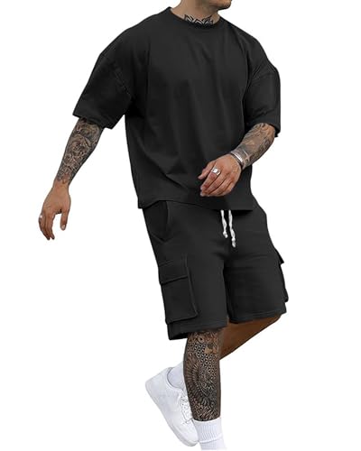 QUNERY Ensemble Ete Homme Survêtement 2 Pièces Tenues Jogging T-shirt + Short avec Poches Vacances Plage Costumes Noir 2XL