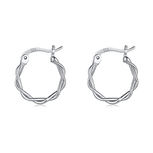 GULICX Sterling Silver Hoop Earrings - 14k White Gold Plated Hoop Earrings Twisted Hoop Earrings Small Silver Hoop Earrings for Women Girls Valentine's Day Gifts (13MM)