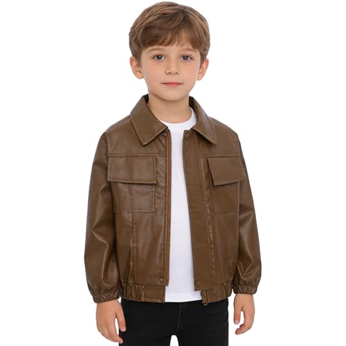 inhzoy Veste En Cuir Pour Garçon Fille Veste De Moto Mode Vêtements Plein Air Enfants Blousons De Biker En Faux Cuir Café 9-10 ans