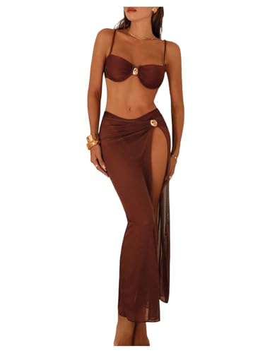 MakeMeChic Women's 3 Piece Swimsuits Summer Ruched Backless Cheeky Beach Bikini Set with Cover Up Skirt Coffee Brown Small
