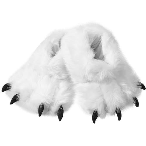 Meanplan Funny Men Slippers Winter Fluffy Animal Paw Shoes Plush Bear Shape Claw Non Slip Slippers Unisex Cute Costume House Shoes for Christmas Birthday Party Cosplay 8-10 Inch