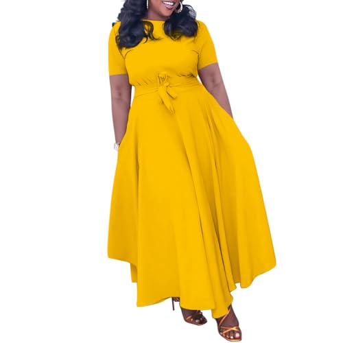 Image of Hostoyo Women Plus Size Formal A Line Maxi Dress Self Tie Waist with Pockets Elegant Round Neck Swing Long Dresses