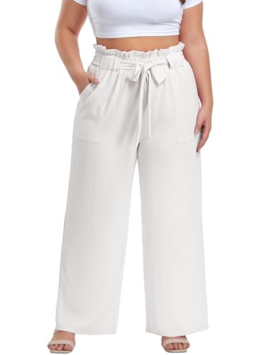 Image of OLRIK Women's Plus Size Pants Adjustable High Waisted Wide Leg Palazzo Pants Casual Trousers with Pockets Spring Clothes
