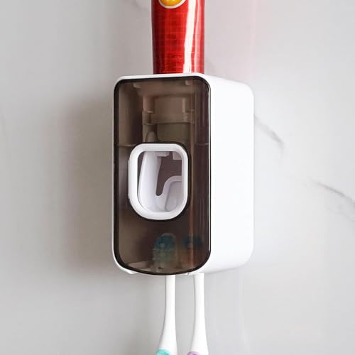 La Mejor Recopilación de Portacepillos los mejores 5. 50 Toketa 2 Slot Porta Cepillo de Dientes para baño Wall Mounted, Automatic Toothpaste Squeezer, 2 in 1 Soporte para Cepillo de Dientes, (Grey)