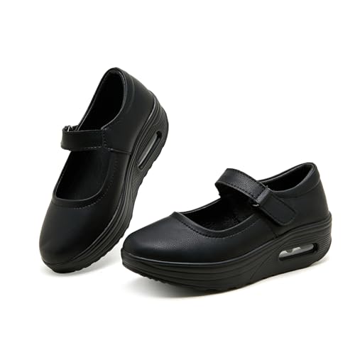 EnllerviiD Women Mary Jane Shoes Buckle Air-Cushion Casual Chunky Heel Round Toe Uniform Dress Platform Wedge Shoes Comfort Pumps Walking Shoes