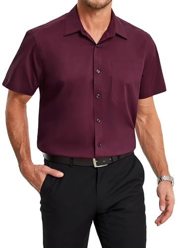 HISDERN Chemise Homme Manches Courtes Été Décontractée Chemises Rouge en Fibre de Bambou Costume Homme Business Chemisette Formel Régulières pour Les...