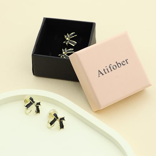 Aretes de moño negro con clip para mujer, pequeños elegantes miniatura 5