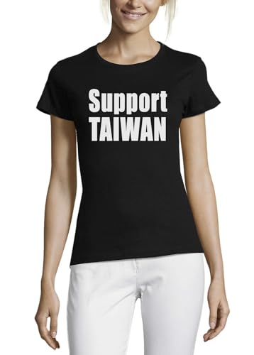 T-shirt noir femme en coton col rond avec logo blanc imprimé Support Taiwan