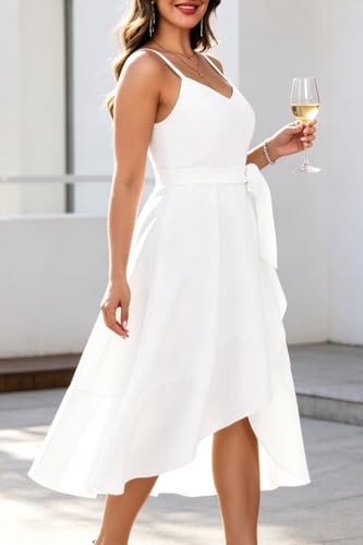 Image of Pinup Fashion Plus Size Cocktail Party Wedding Guest Semi Formal Midi Dress | Sexy V-neck, adjustable spaghetti strap, belted waist, fit and flare, flowy high-low ruffle hem, ideal for prom, homecoming