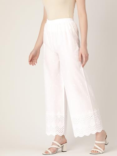 Image of feranoid White Chicken Embroidred Cotton Regular Fit Palazzo