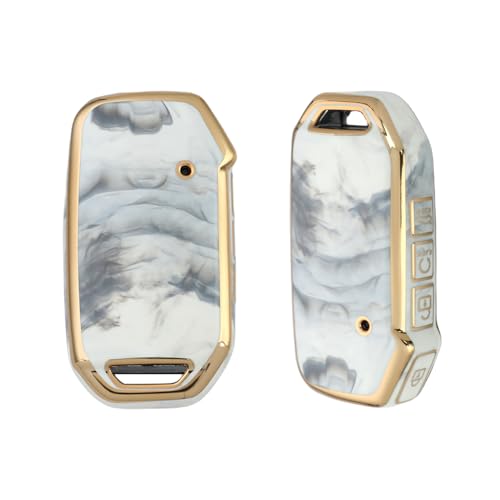 Image of Keyzone TPU Car Key Cover Combo Compatible for: Kia Carens Seltos, Sonet 2023 Onwards 4 Button Smart Key (Compare Key Shape Before Ordering) (Gold TPU + Marble TPU)