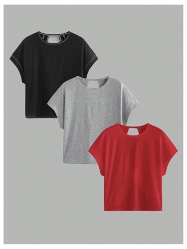 Image of RoseSeek Women's 3 Packs Open Back Tops T Shirt Criss Cross Cut Out Tee Short Sleeve Crewneck Summer Backless Tops