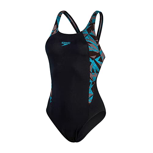 Speedo Damen Hyper Boom Splice Muscleback Badeanzug, Schwarz/Bolt/Dove...