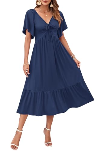 AUSELILY Women's 2025 New Summer Empire Waist Dress Drawstring Pleating Flutter Short Sleeve V Neck Midi Dresses