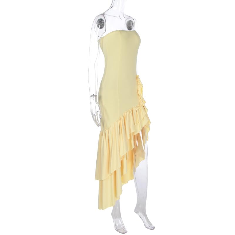 Image of Women's Sexy Strapless Backless High Split Long Maxi Dress Ruched Off Shoulder Sleeveless Bodycon Party Cocktail Dresses