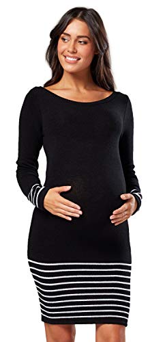 HAPPY MAMA Premama Vestido de Punto Rayas Vestido Midi Manga Larga 050 (Negro, 44-46, 2XL/3XL)