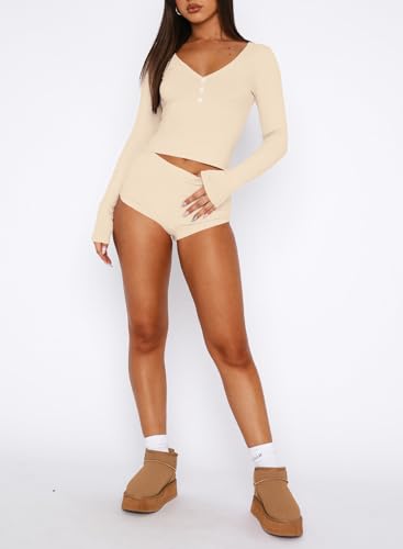 Image of INFITTY Womens Sexy Vneck 2 Piece Sets Casual Long Sleeve Button Short Pajama Outfit 2026 Trendy Crop Top Nightwear