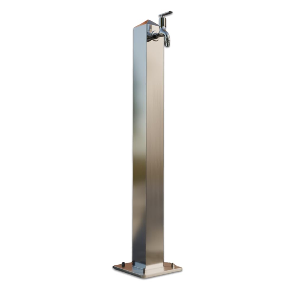 INOXLM Fontana da giardino esterno quadrata in acciaio inox 90cm di altezza, Fontana giardino moderna con rubinetto ad attacco rapido, Fontanella da giardino resistente alle intemperie - Inox